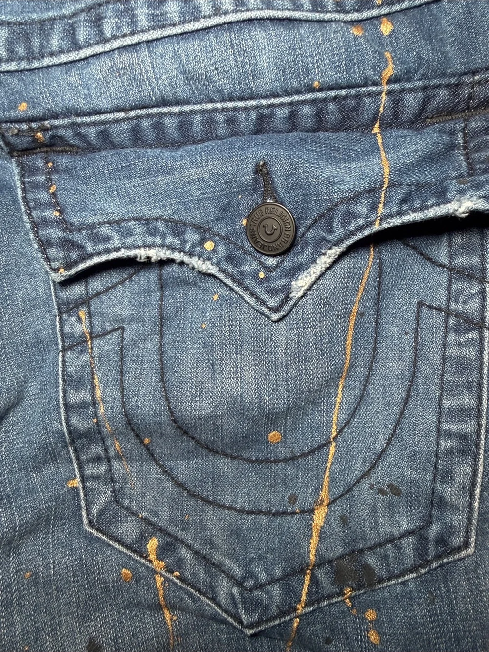 True Religion 36x34 Flap Straight Leg Paint Splatter Jeans